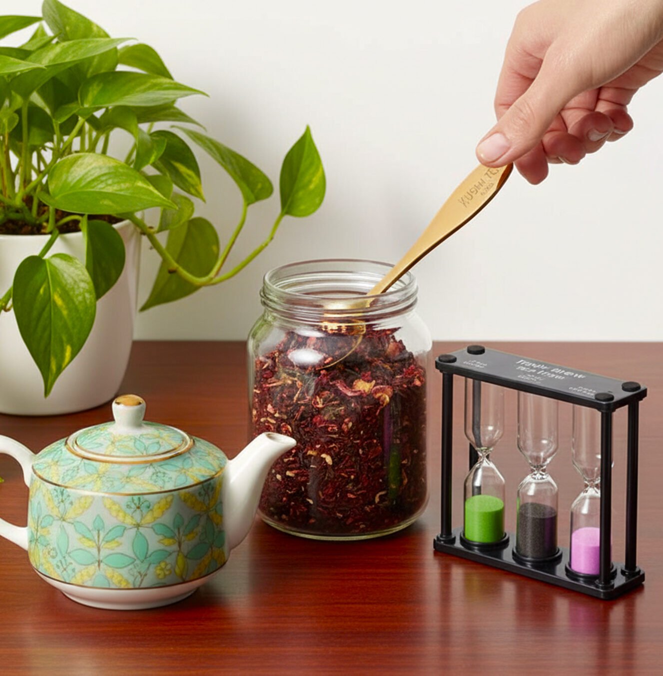 Hand scooping loose tea into a jar next to a teapot, plant, and sand timer on a wooden table.