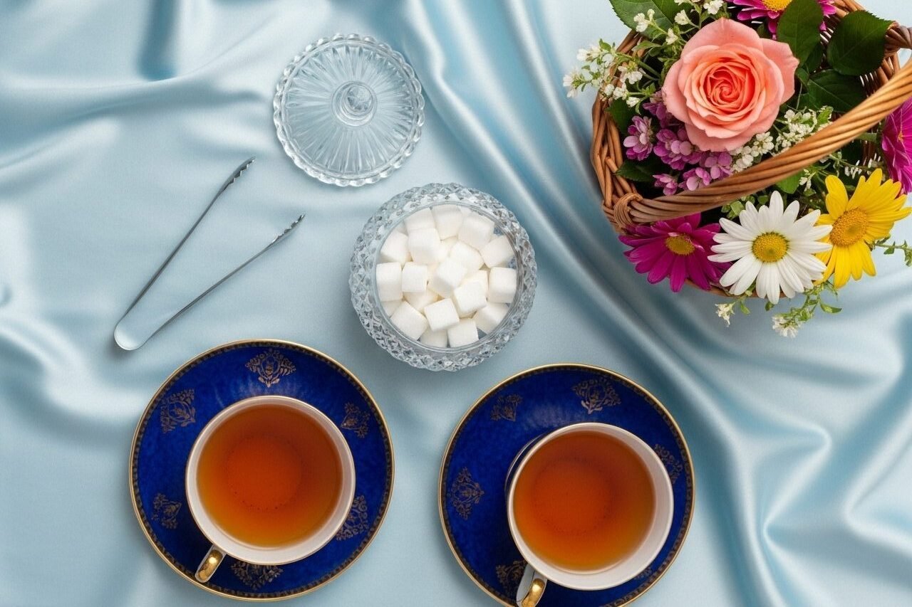 Elegantly arranged tea set with flowers and sugar cubes on a silk cloth.