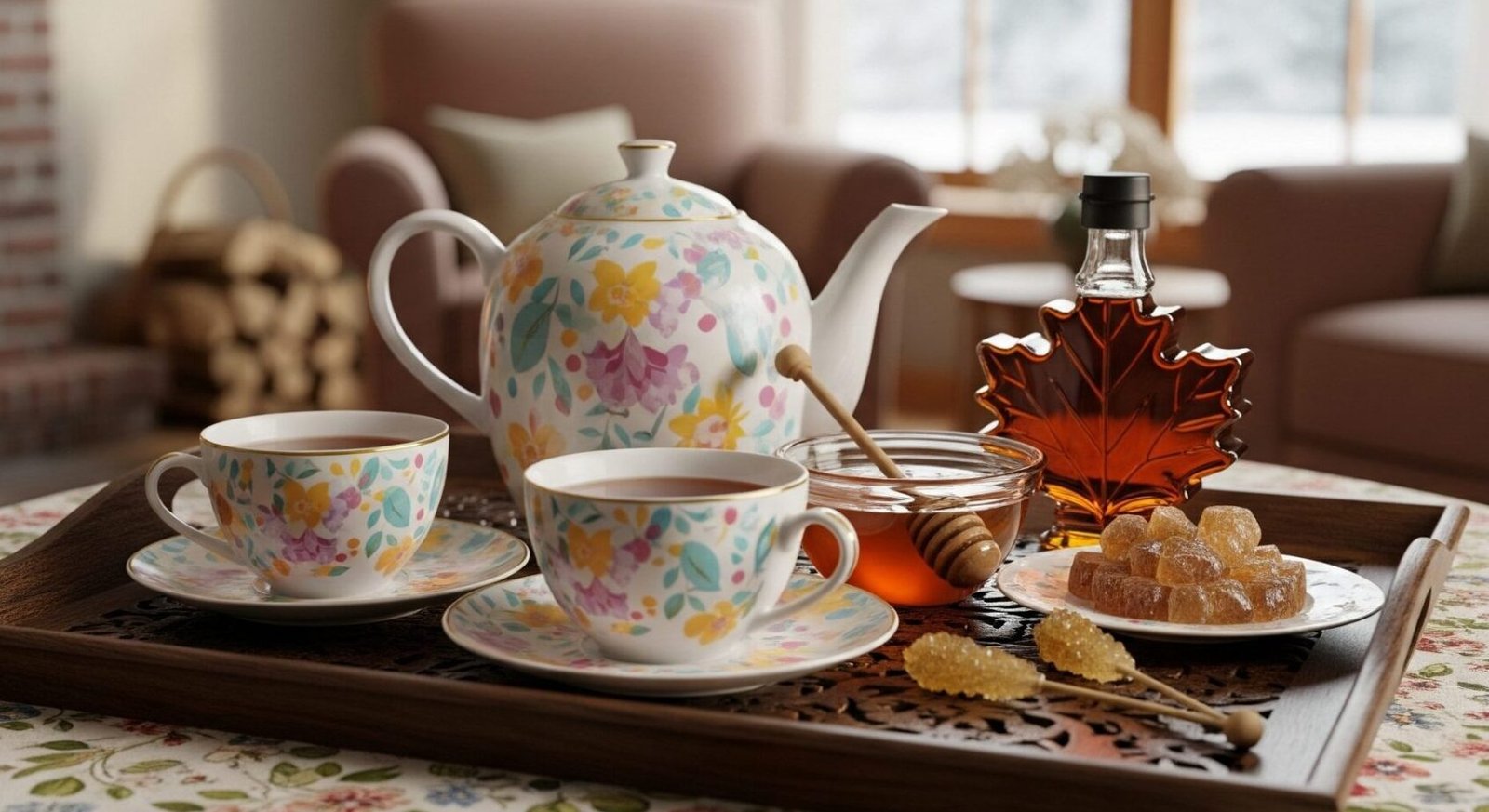 Cozy tea set with floral patterns by the fireplace, served with honey and sweets, in a warmly lit living room.
