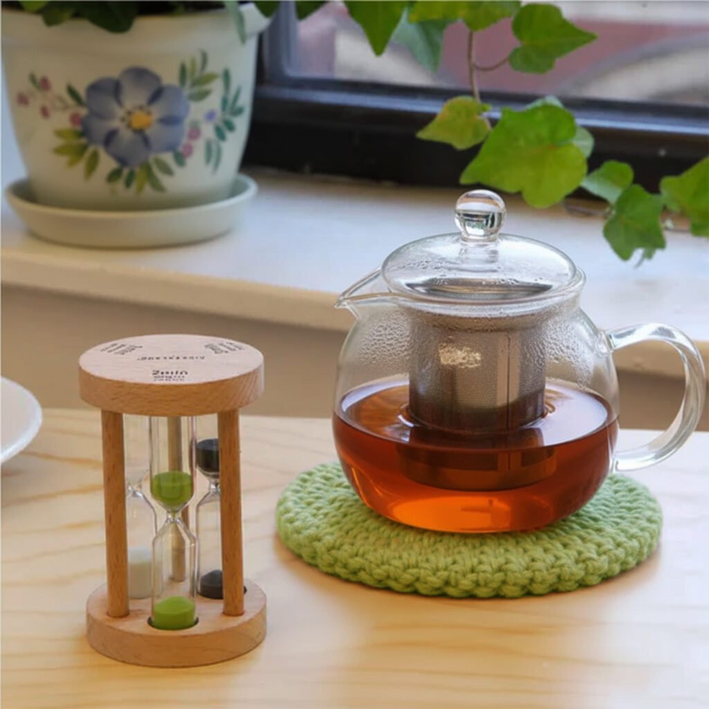 Glass teapot with brewed tea and timer on table near window with plants and floral pot in the background.