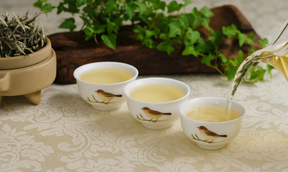 Pouring white tea into bird-themed cups with teapot, accompanied by fresh leaves and tea bowl on patterned cloth.