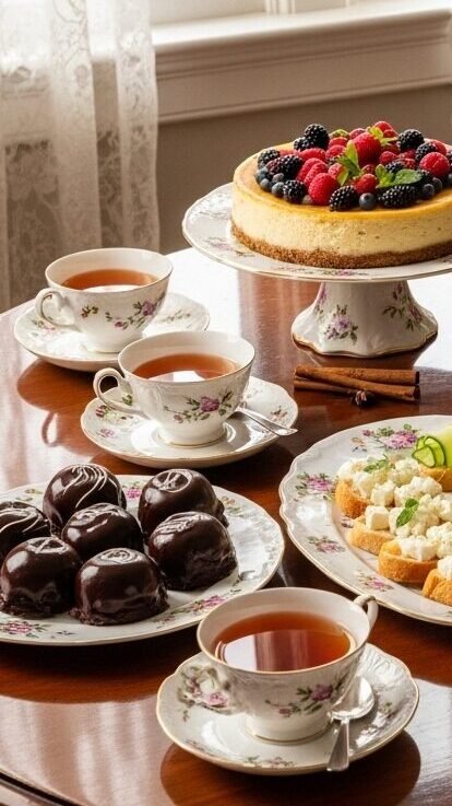 Elegant tea party setup with floral china, desserts, and fresh flowers on a wooden table by a sunny window.