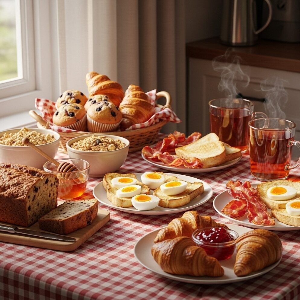 Hearty breakfast spread with croissants, eggs, bacon, toast, cereal, muffins, and tea on a checkered tablecloth.