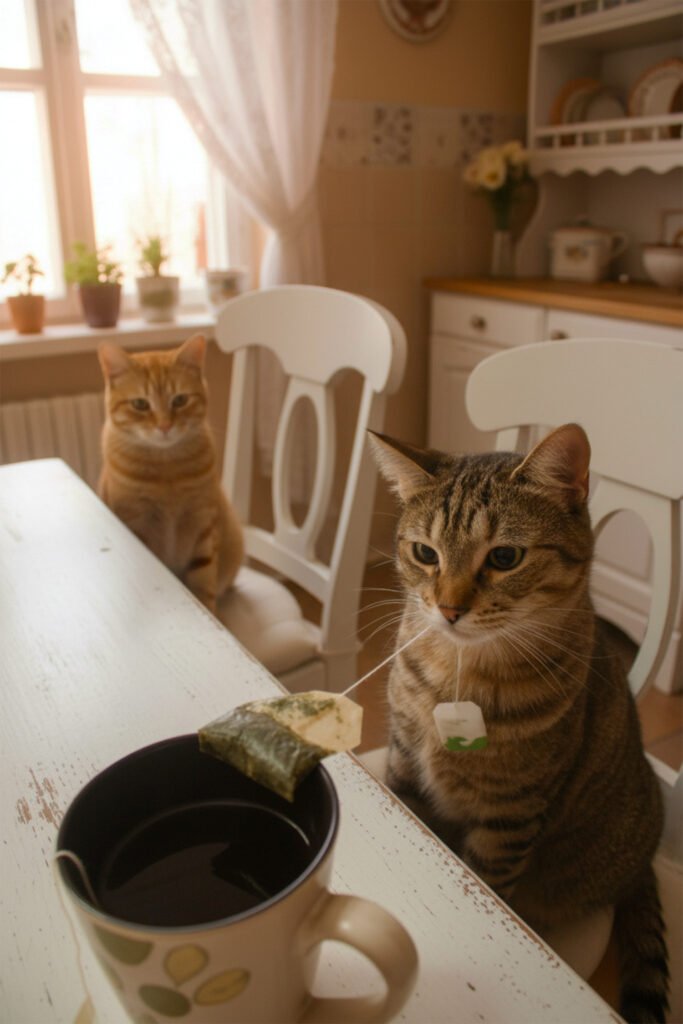 Two cats in a cozy kitchen, one holding a teabag, near a mug on a table with soft sunlight streaming through.