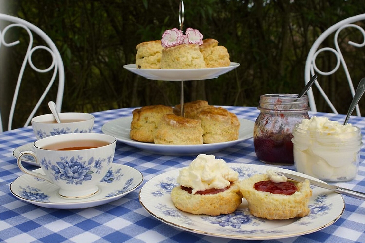 Tea and scones with clotted cream and jam on a checkered tablecloth in a garden setting.