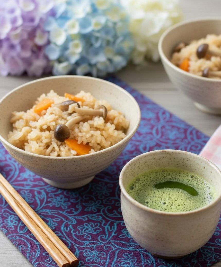 Bowl of rice with mushrooms and carrots, served with a cup of green tea on a floral mat and hydrangea flowers in background.