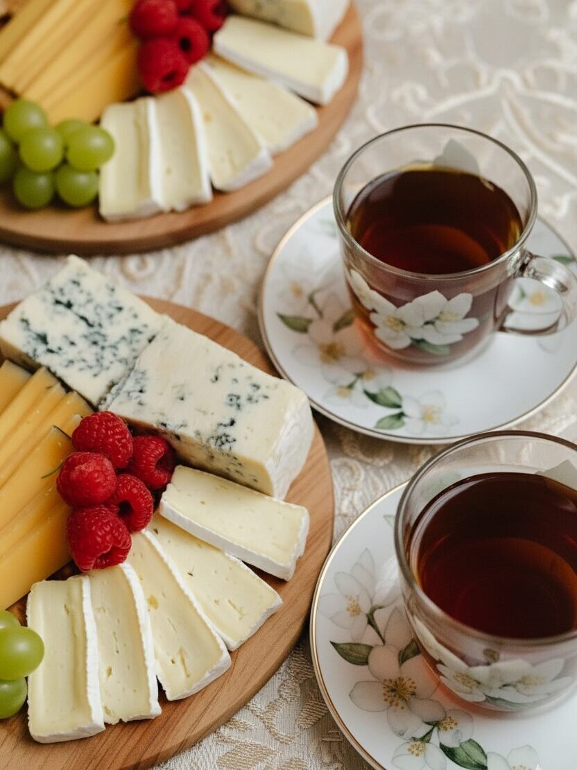 Cheese platter with grapes, raspberries, and two cups of tea on a floral tablecloth. Perfect for a cozy gathering.