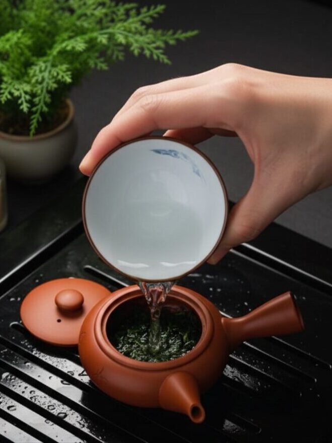 Pouring hot water into a traditional teapot on a black tray, with candles and greenery in the background.