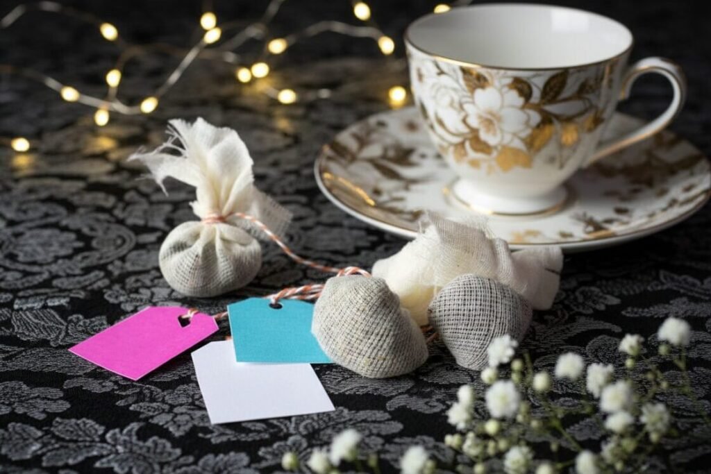 Elegant tea setup with floral china, sachets, labels, and fairy lights on a lace tablecloth. Perfect for a cozy tea time.