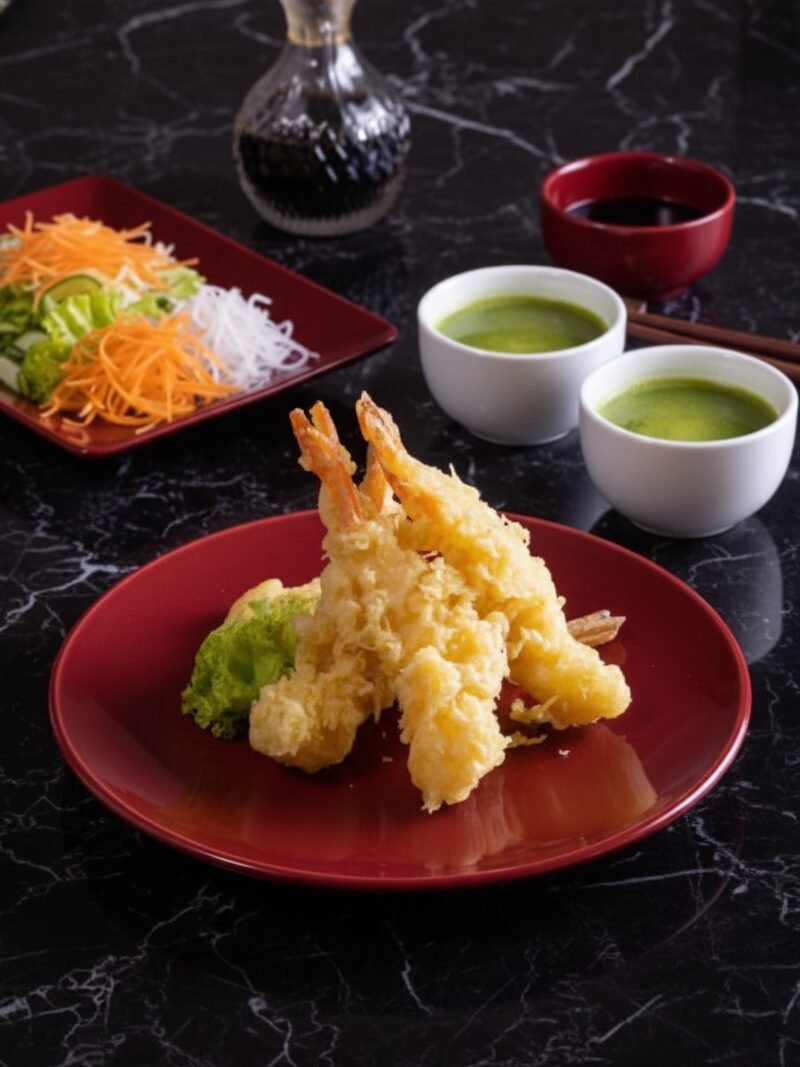 Golden shrimp tempura on a red plate with salad, dipping sauces, and a soy sauce bottle on a marble table.