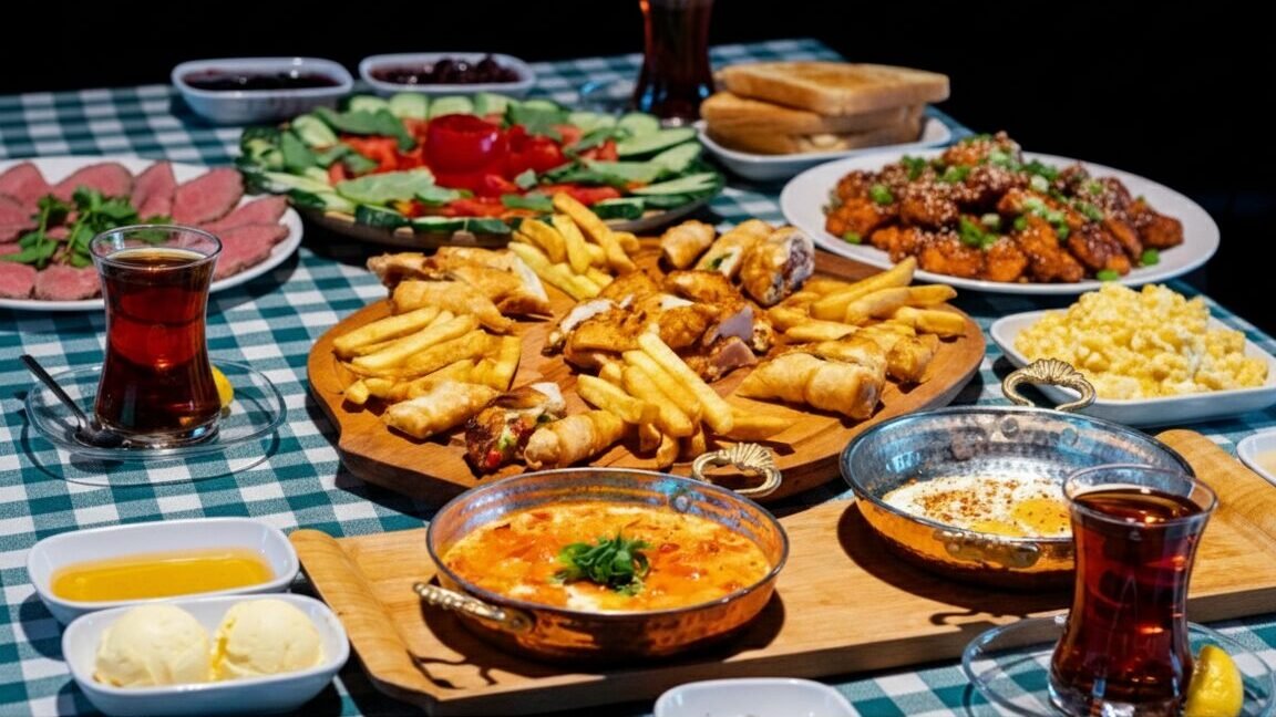 Delicious spread of various dishes with teas on a checkered tablecloth.