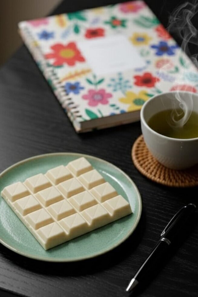 White chocolate on a plate with a floral notebook and steaming tea, perfect for a relaxing work session.