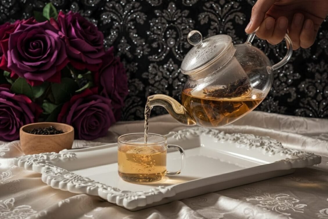 Pouring herbal tea from glass teapot into cup on ornate tray, with purple roses and tea leaves in background.