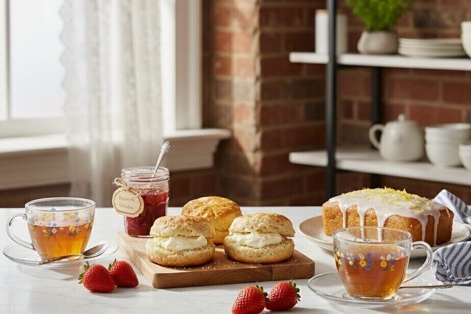 Tea Time with scones, strawberry jam, lemon cake, and fresh strawberries on a sunny kitchen table.