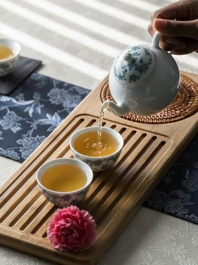 Pouring tea into cups on a wooden tray with pink flower, afternoon tea ceremony setting.