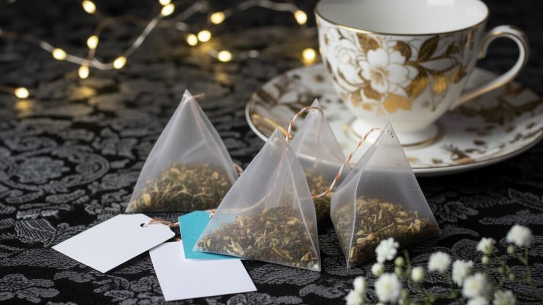 Elegant tea setup with pyramid tea bags and floral teacup on a decorative tablecloth, adorned with small flowers.