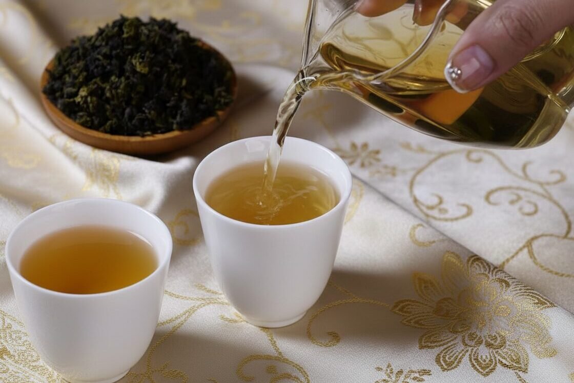 Pouring hot tea into white cups on a floral tablecloth with a bowl of loose leaf tea nearby.