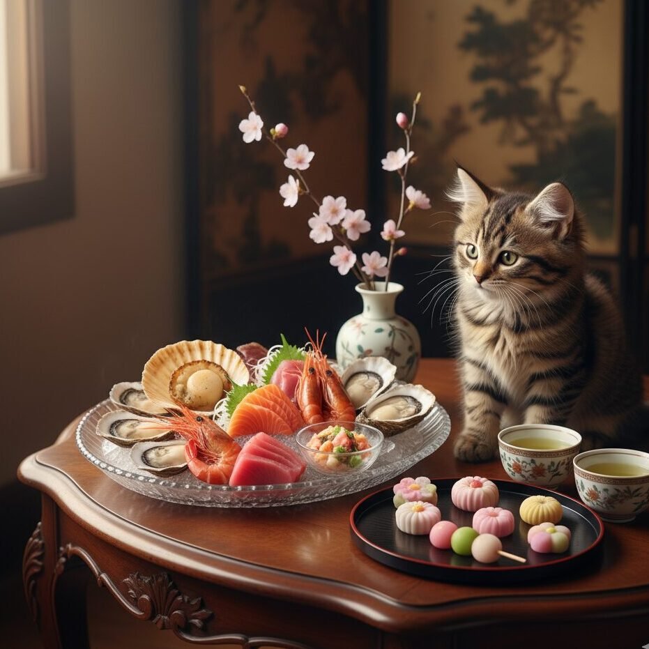 Kitten sitting by a table with sushi platter, tea, and cherry blossoms in a vase. Cozy and elegant Japanese setting.