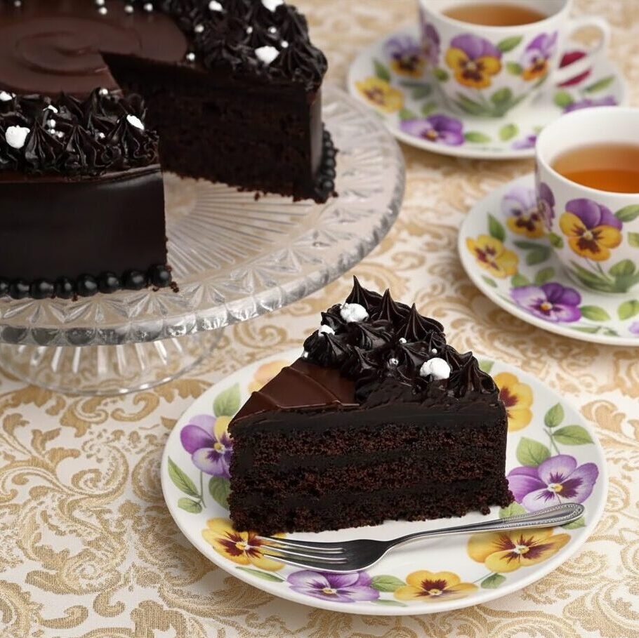Slice of rich chocolate cake on a floral plate with tea in matching cups on a patterned tablecloth.