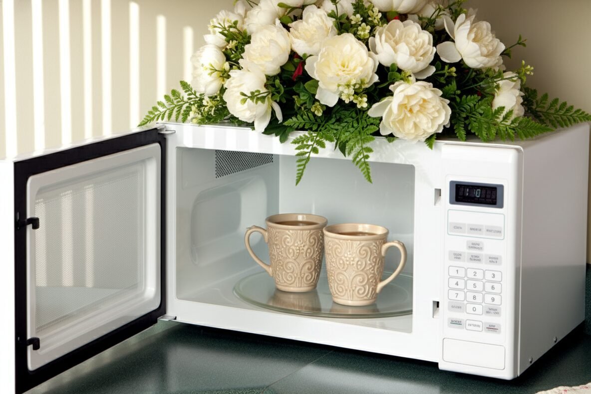 Microwave with open door holding two ornate mugs, topped with elegant white flowers on a kitchen counter.