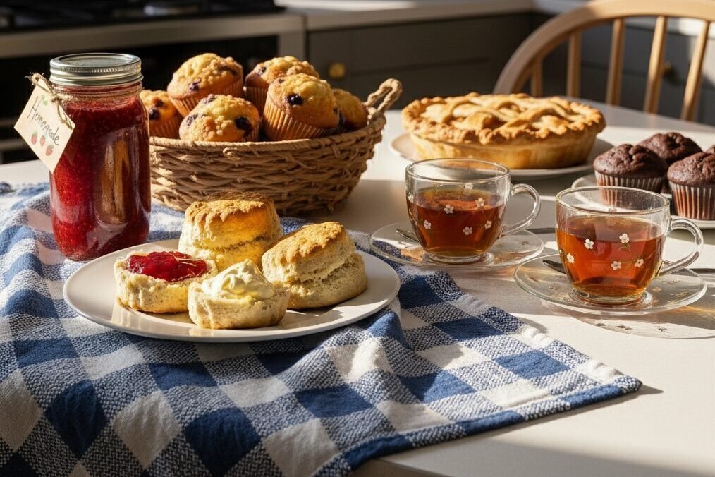Cozy breakfast with scones, jam, tea, muffins, and pie on a blue checkered tablecloth in warm sunlight.
