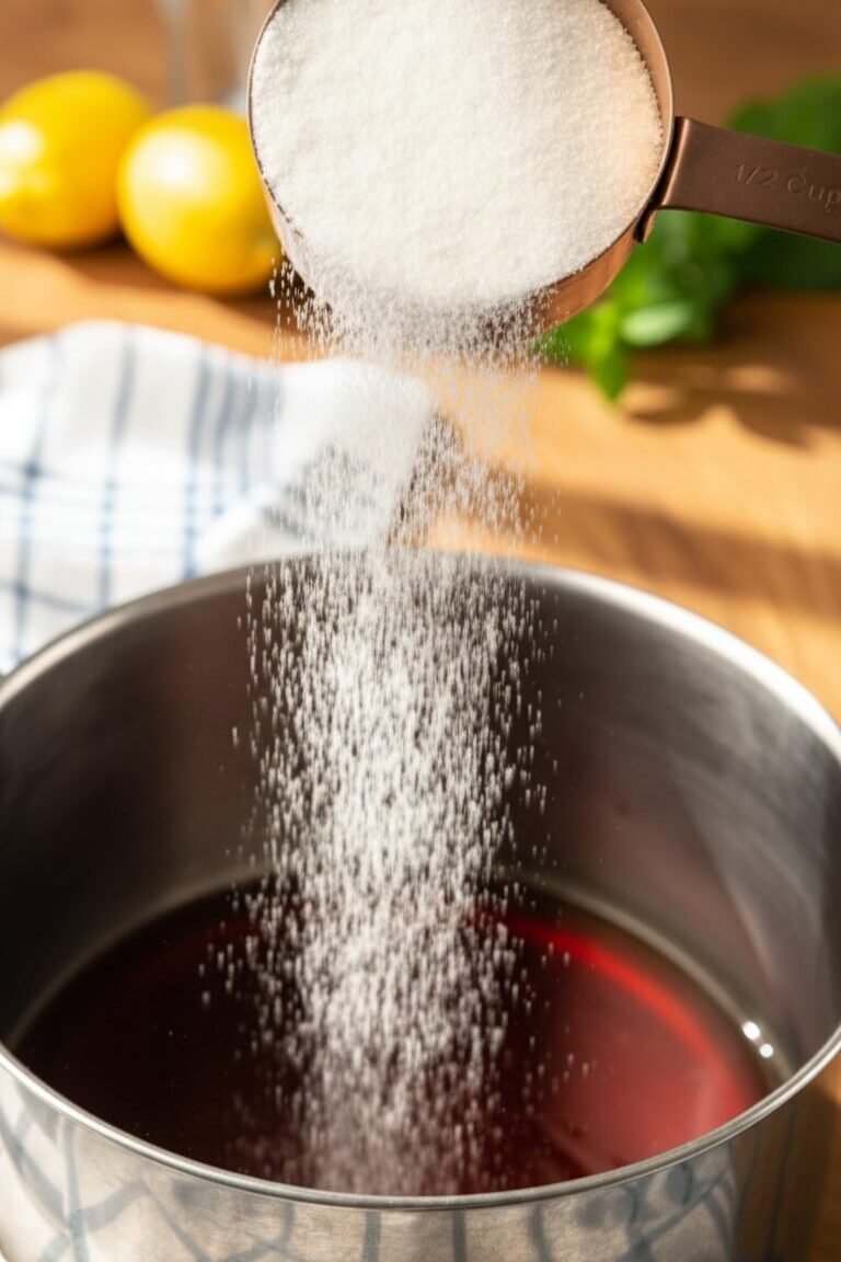 Pouring sugar into a pot of red liquid, surrounded by lemons and a cloth on the wooden table.