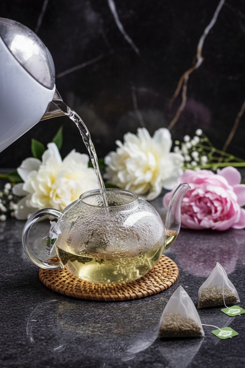 Pouring hot water into a glass teapot with tea bags, surrounded by white and pink flowers on a dark surface.