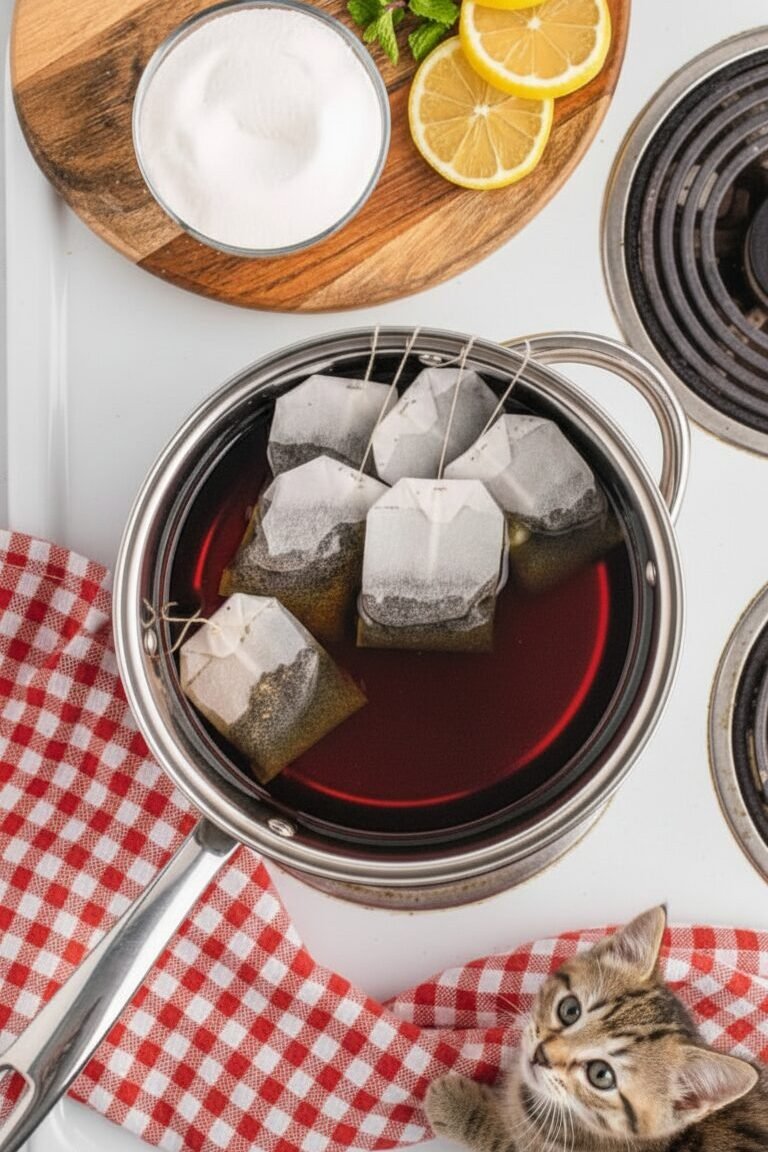 Cat on red checkered cloth near pot of tea with lemon slices and sugar on stove.