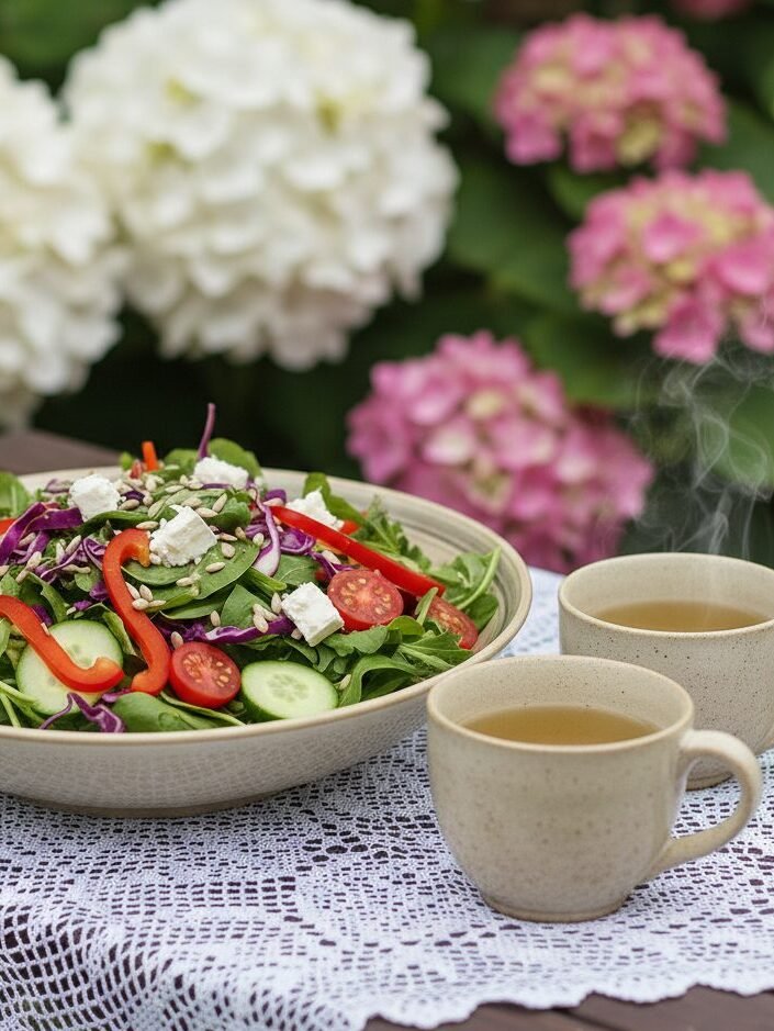 Fresh garden salad with feta and two cups of tea on lace cloth outdoors, surrounded by hydrangeas.