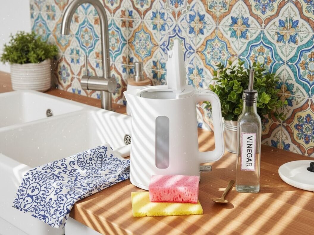 Kitchen counter with kettle, vinegar, sponges, and dishcloth; colorful tiles as backsplash.