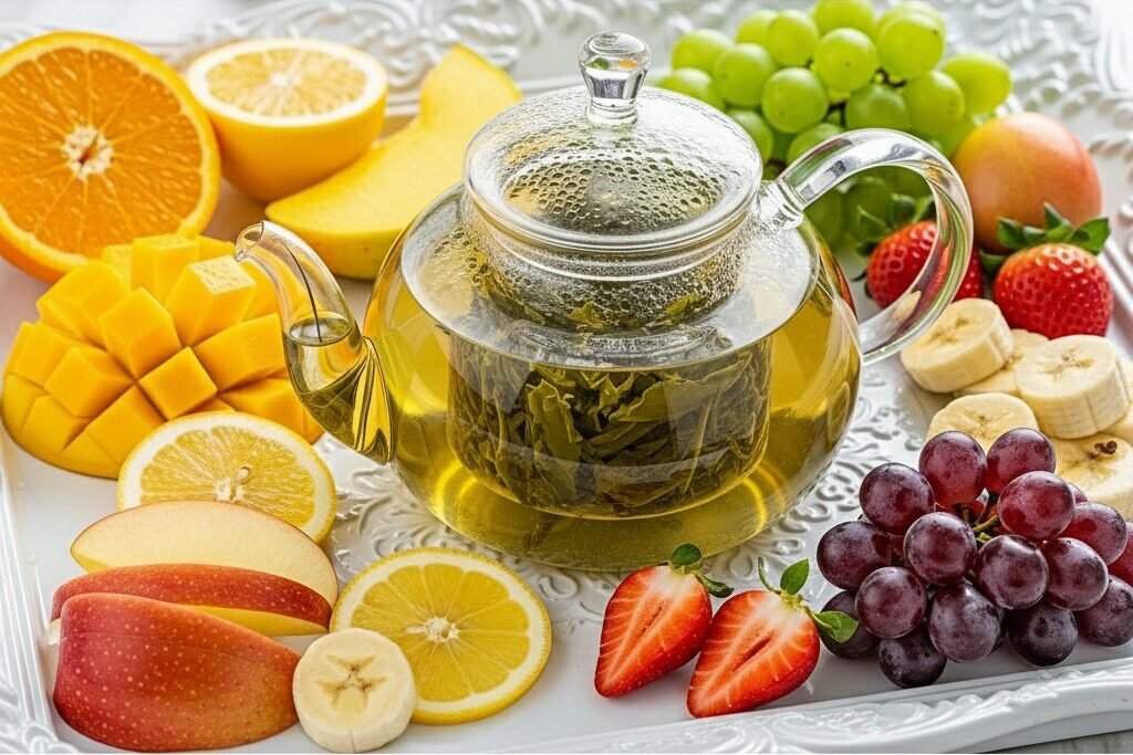 Glass teapot with green tea surrounded by sliced fruits: oranges, mango, apples, bananas, strawberries, and grapes.