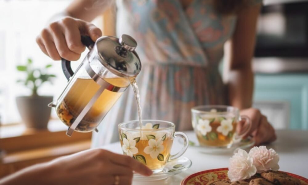 Brew Tea with French Press: Easy Guide to Making Perfect Tea Pouring tea from French press into floral cups, served with cookies and flowers on a sunny kitchen table.