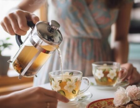 Brew Tea with French Press: Easy Guide to Making Perfect Tea Pouring tea from French press into floral cups, served with cookies and flowers on a sunny kitchen table.
