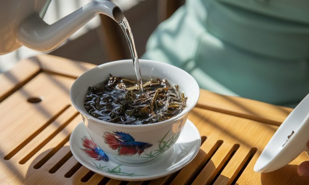 Tea Pre-Brewing: Enhance Your Brew with a Simple Rinse Pouring hot water into a decorative teacup with tea leaves on a wooden tray.