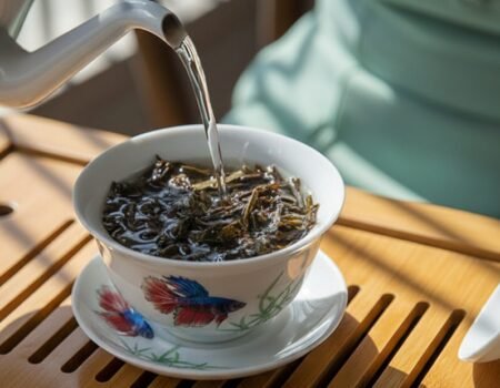 Pouring hot water into a decorative teacup with tea leaves on a wooden tray.