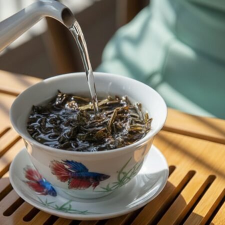 Tea Pre-Brewing: Enhance Your Brew with a Simple Rinse Pouring hot water into a decorative teacup with tea leaves on a wooden tray.