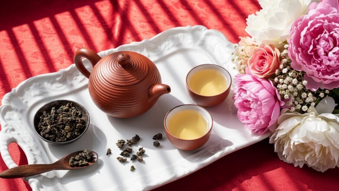 Ceramic teapot and teacups on a tray with loose tea leaves, beside vibrant pink and white flowers on red fabric.