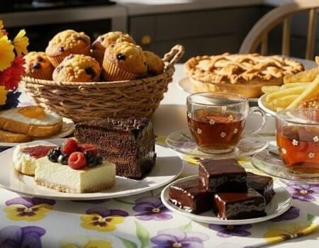 Assorted pastries, tea, and flowers on a table setting, featuring cakes, muffins, and a vibrant floral centerpiece.