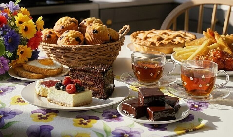 What Foods Pair Well with Black Tea Assorted pastries, tea, and flowers on a table setting, featuring cakes, muffins, and a vibrant floral centerpiece.