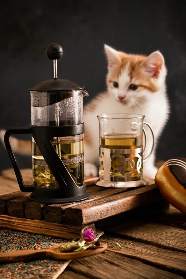 Kitten beside French press coffee, tea cup, and chocolate donut on a rustic wooden table.