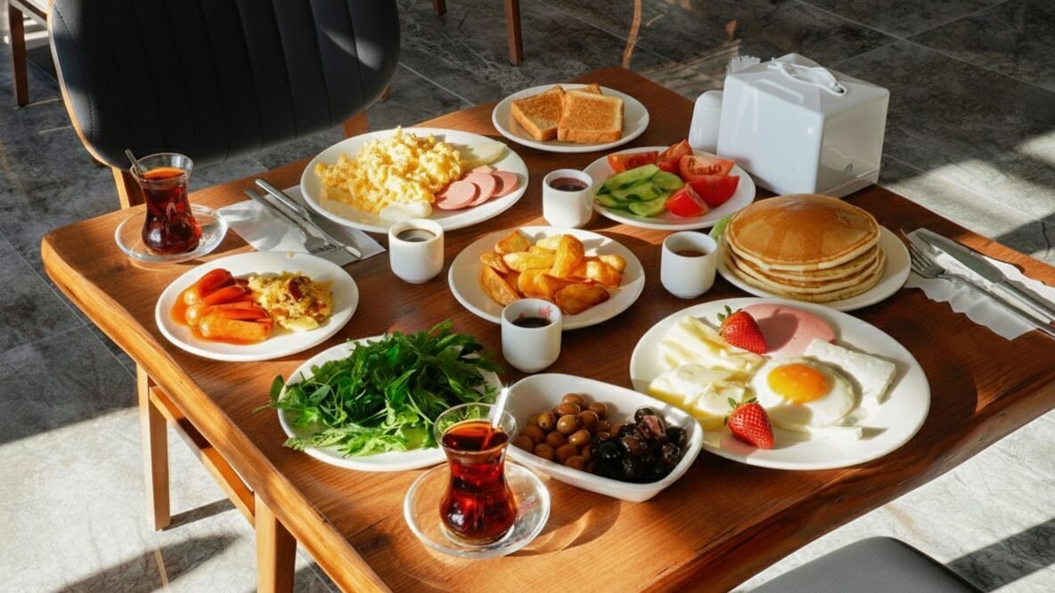 Delicious breakfast spread with pancakes, eggs, fresh fruit, tea, and more on a wooden table, perfect for morning delight.