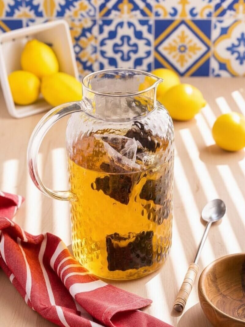 Pitcher of iced tea with tea bags and lemons on a wooden table, vibrant tiled backsplash in the background.