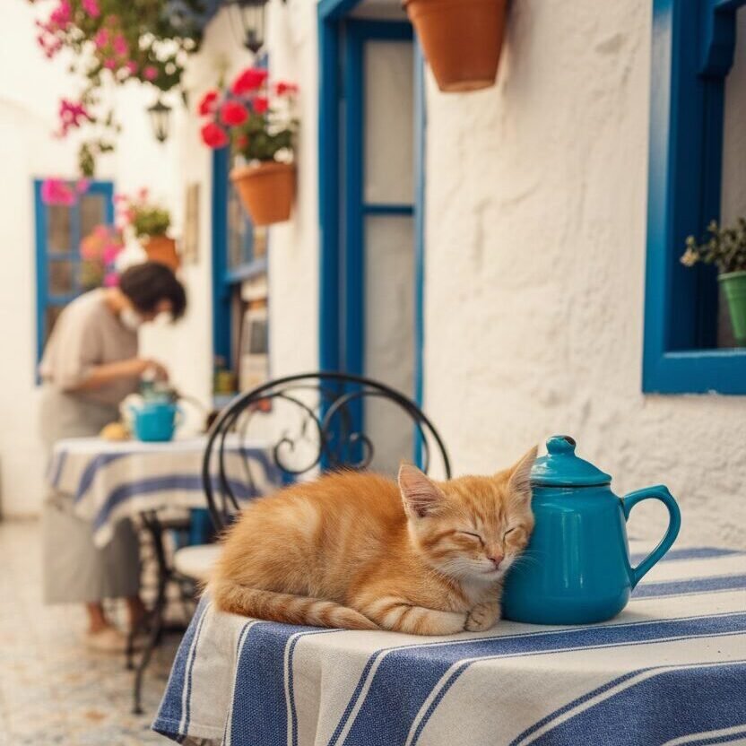 Orange kitten sleeping on a blue-striped tablecloth outside a cozy café with vibrant flowers.