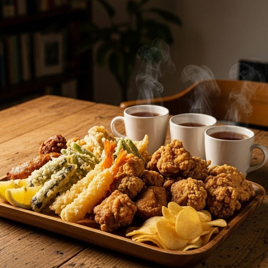 A wooden platter with fried chicken, tempura, chips, and lemon slices next to steaming cups of tea on a wooden table.