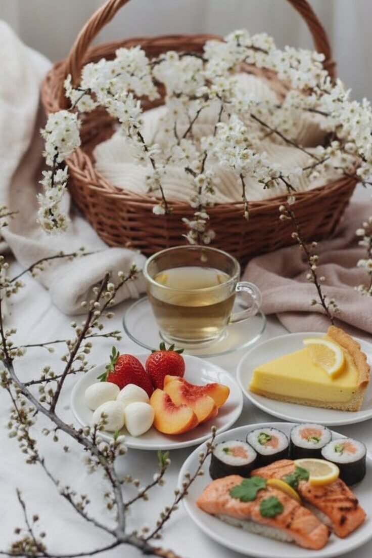 Spring picnic with tea, sushi, fruit, and lemon tart in a cozy setting with a wicker basket and flowering branches.