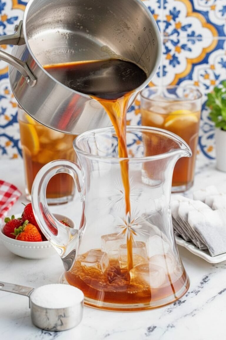 Pouring iced tea into a glass pitcher with ice cubes, surrounded by strawberries and sugar on a marble countertop.