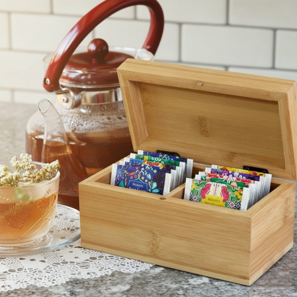 Wooden tea box with assorted tea bags next to a kettle and a cup on a lace-covered table.