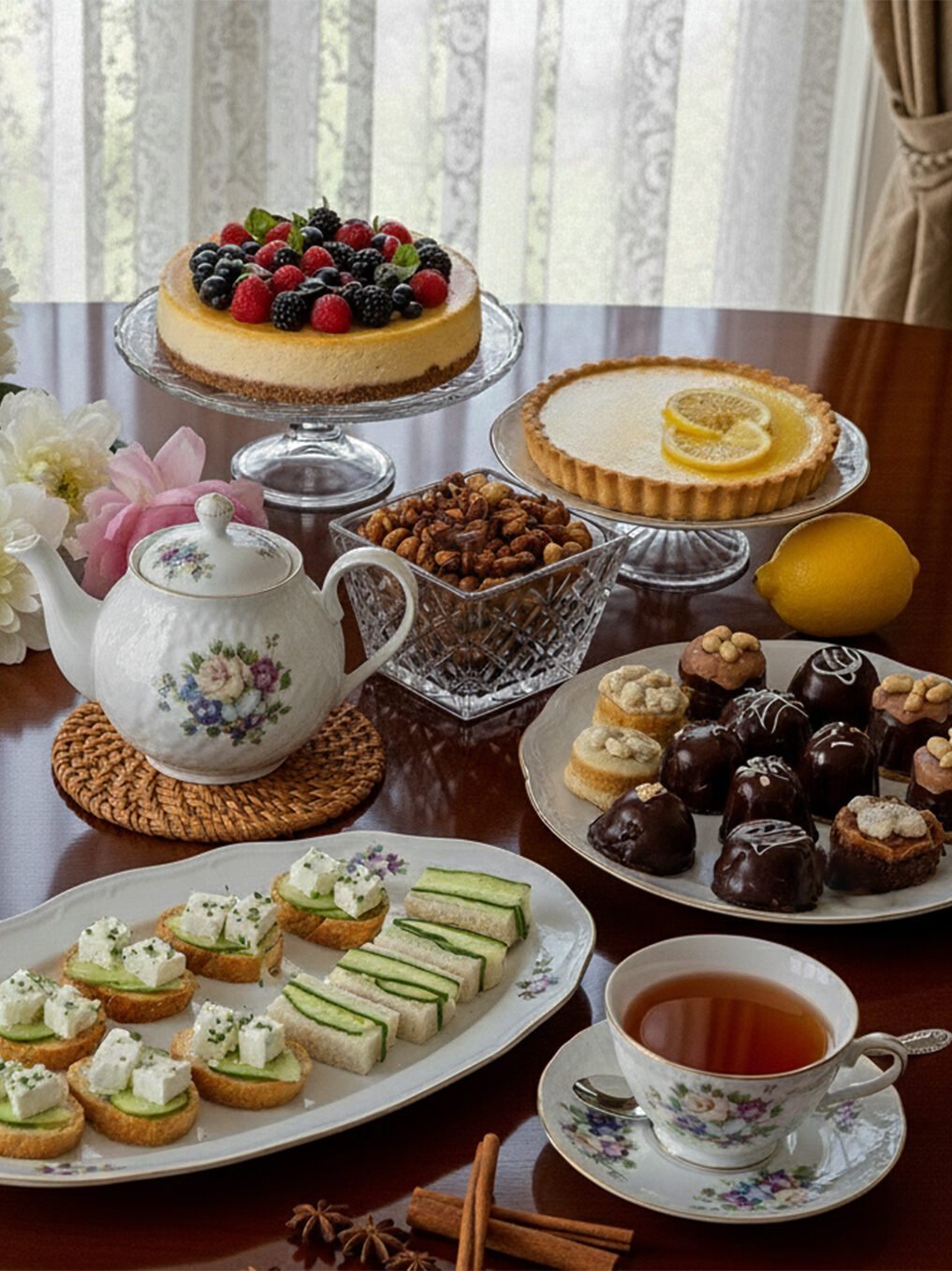 Elegant afternoon tea set with desserts, teapot, floral china, and fresh flowers on a polished table.