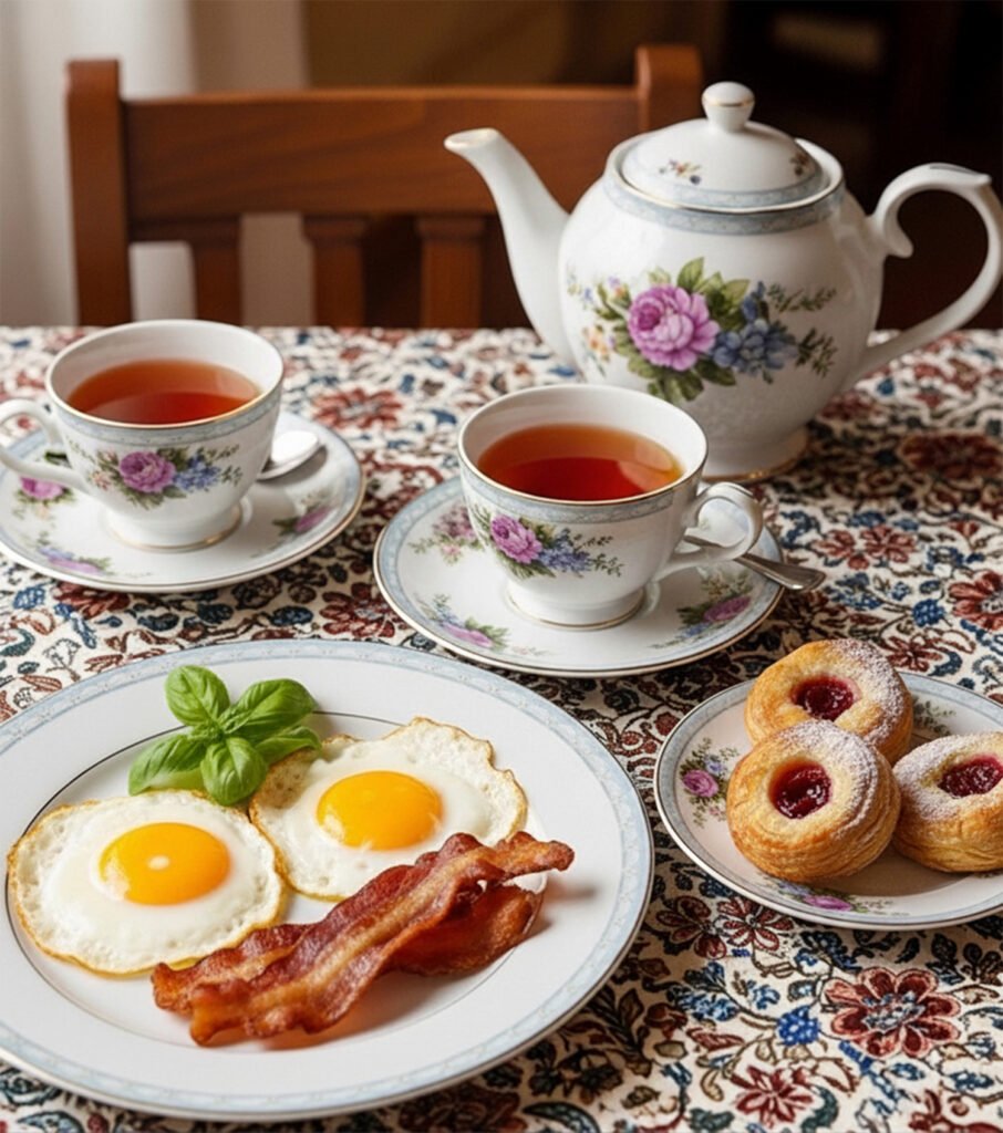 Elegant breakfast spread with tea, eggs, bacon, and pastries on floral china set, creating a cozy morning ambiance.
