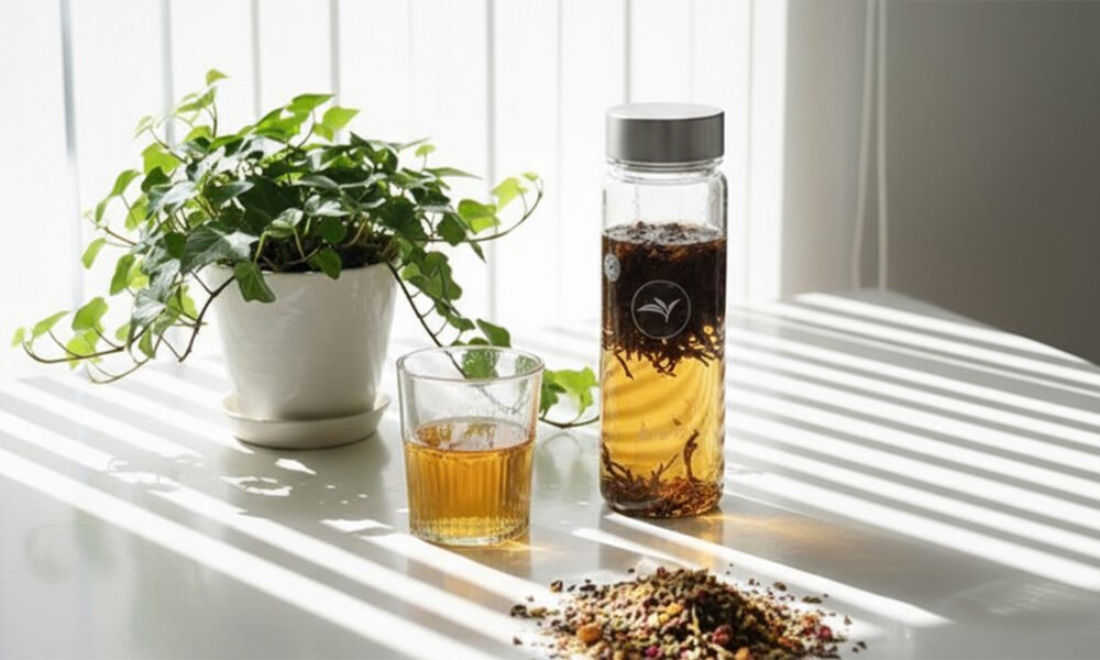 How to Brew Tea with Cold Water: A Refreshing Guide to Cold Brew Iced Tea Glass of herbal tea and tea infuser bottle on white table, next to potted plant. Sunlight casts striped shadows.